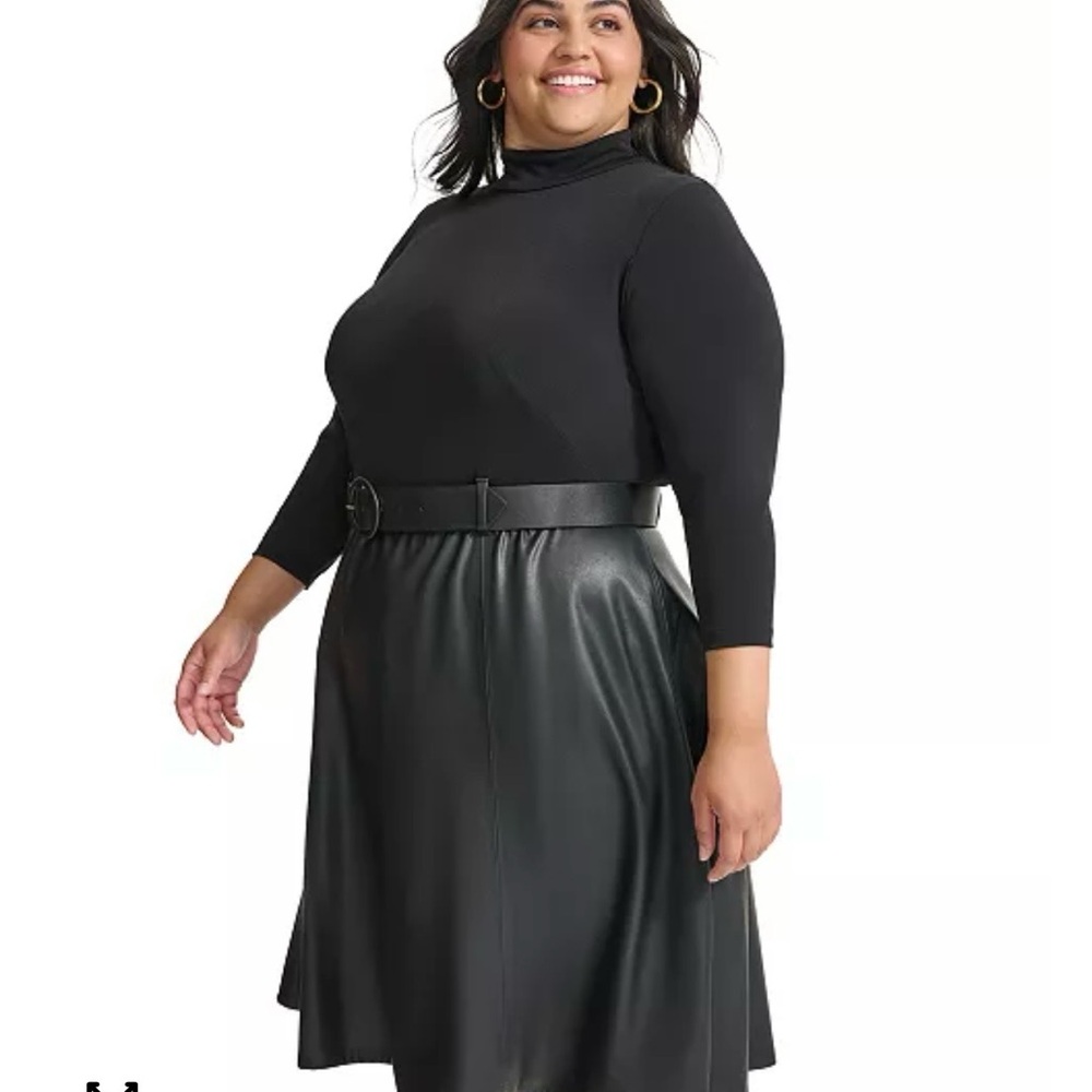 Calvin Klein long-sleeve black dress faux leather skirt matching belt. Size 16 - Picture 3 of 9